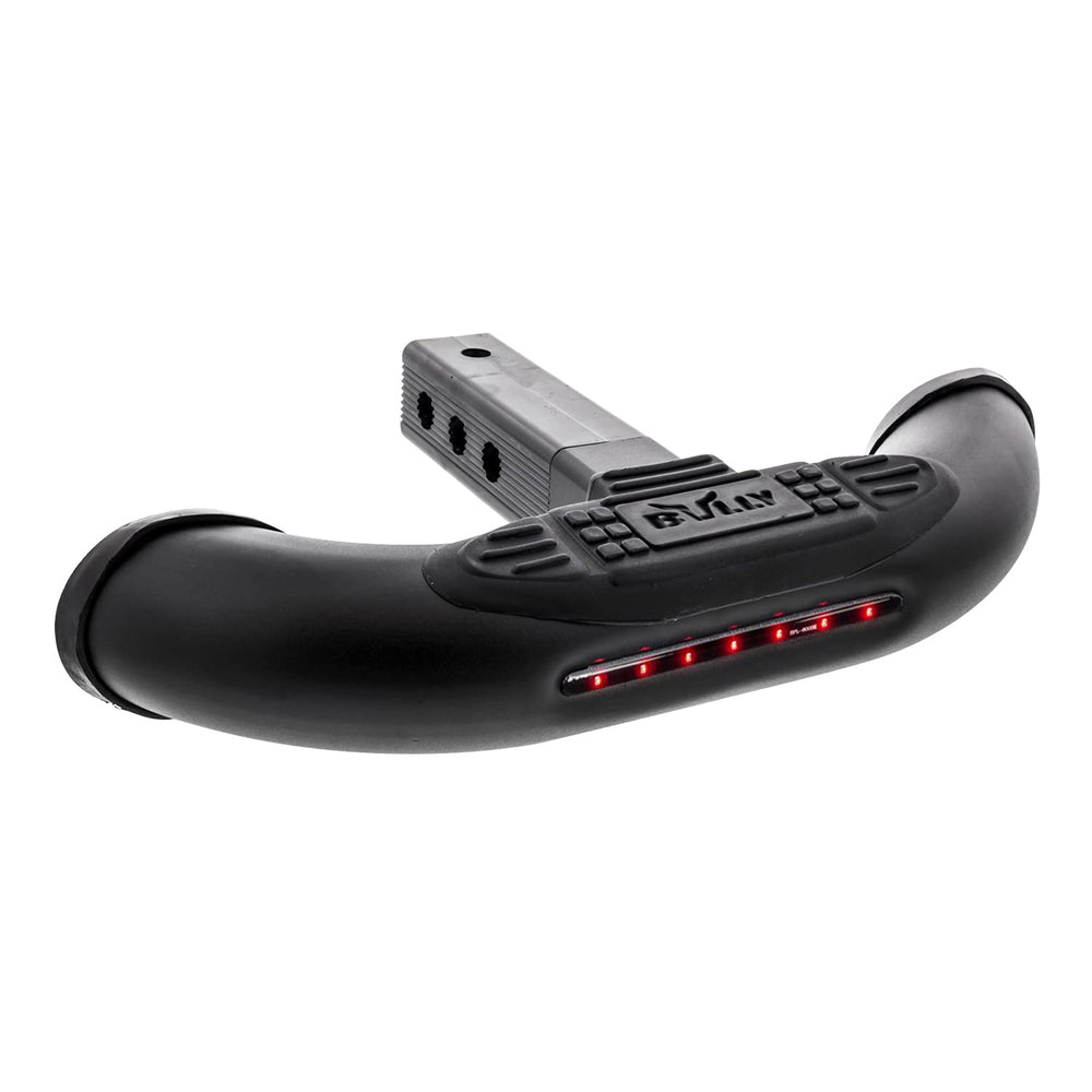 Bully BBS-1104L front view of steel hitch step with bumper guard for added protection