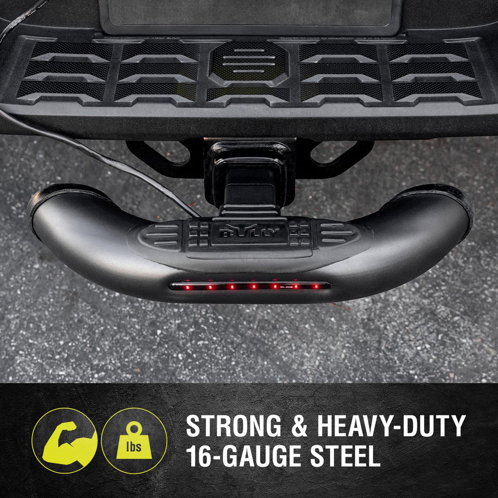 Bully BBS-1104L side profile showing universal fit for 1.25 and 2 inch hitch receivers