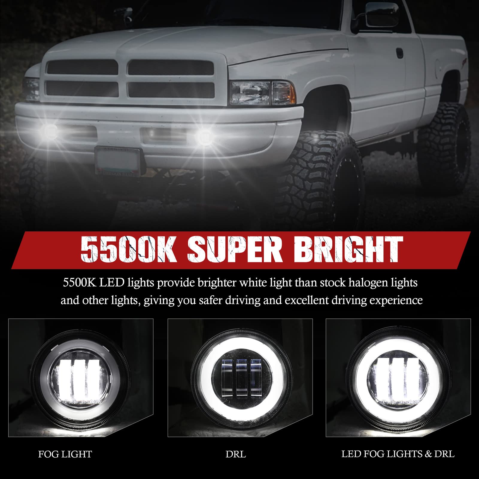 BUNKER INDUST Dodge Ram LED fog lights with DRL for daytime visibility.