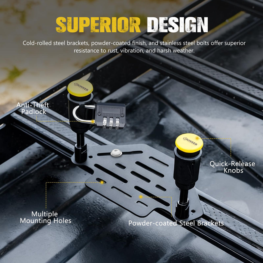 BUNKER INDUST Gen7 roof-rack mount system secures boards during transit and on the trail.