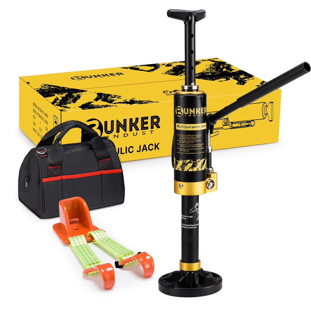 BUNKER INDUST portable hydraulic jack side view shows rugged off-road design