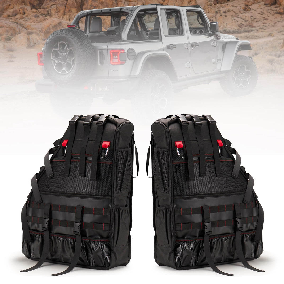 Bunker Indust roll bar bag front view with weatherproof storage for Wrangler