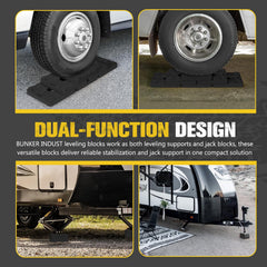 Interlocking design showing stackable jack blocks for precise RV leveling