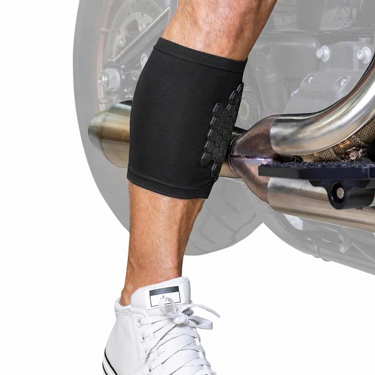 BurnJacket Original calf-guard under pants to shield skin from heat during rides