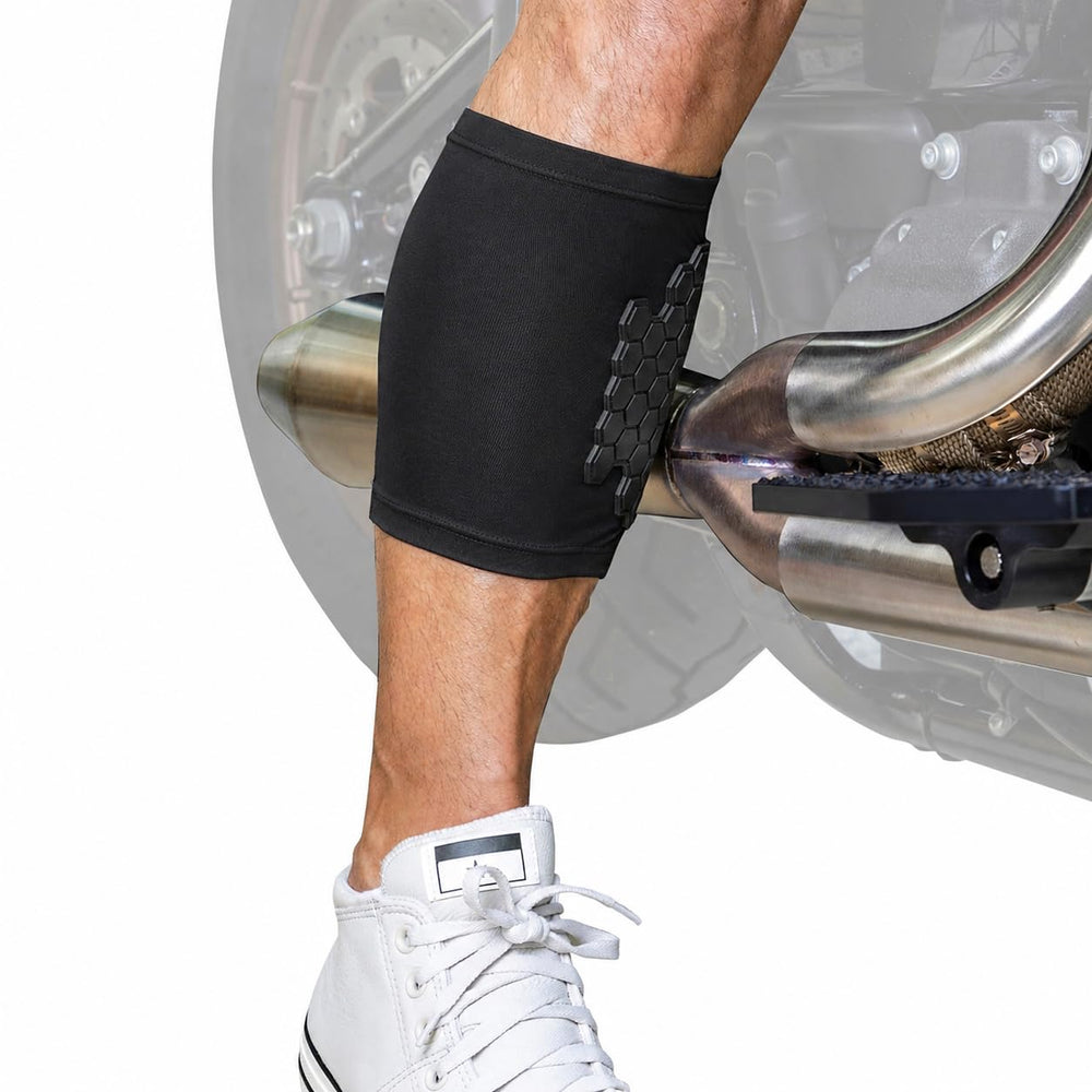 BurnJacket Original calf-guard under pants to shield skin from heat during rides