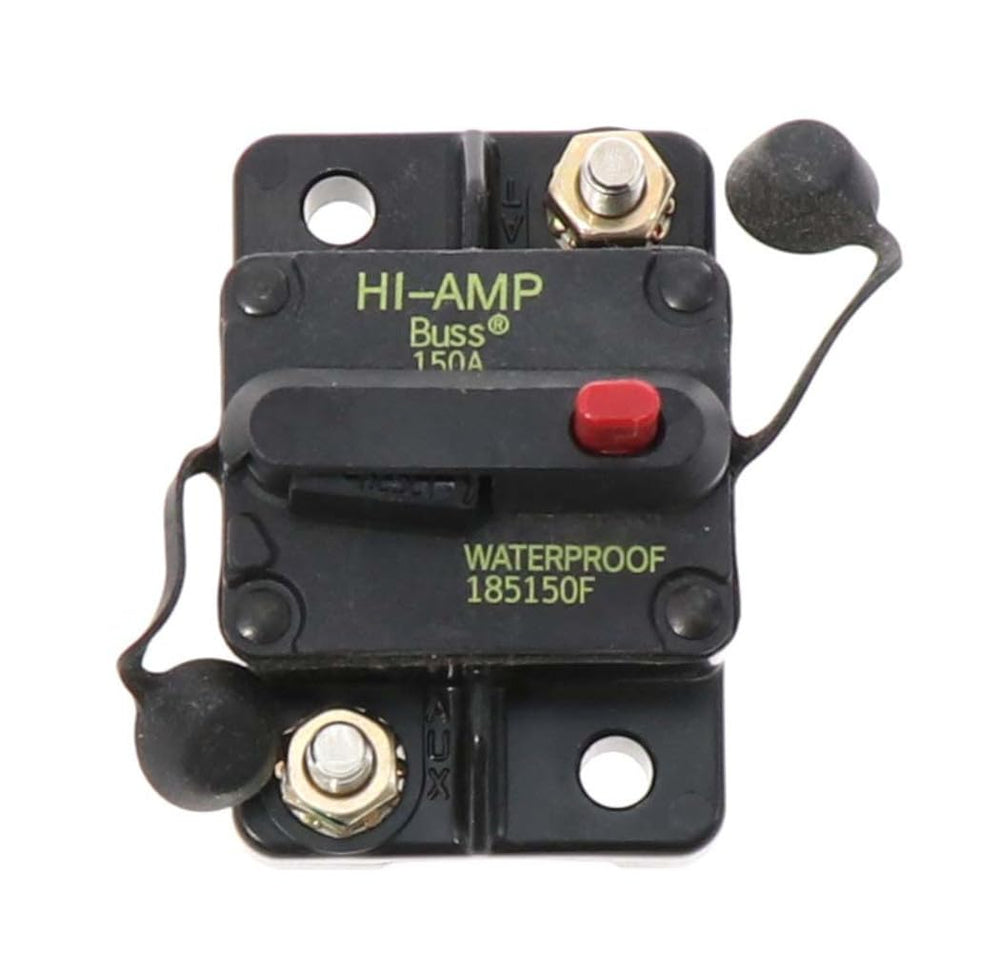 Bussmann CB185 150A Type III breaker with rugged waterproof housing for vehicles.