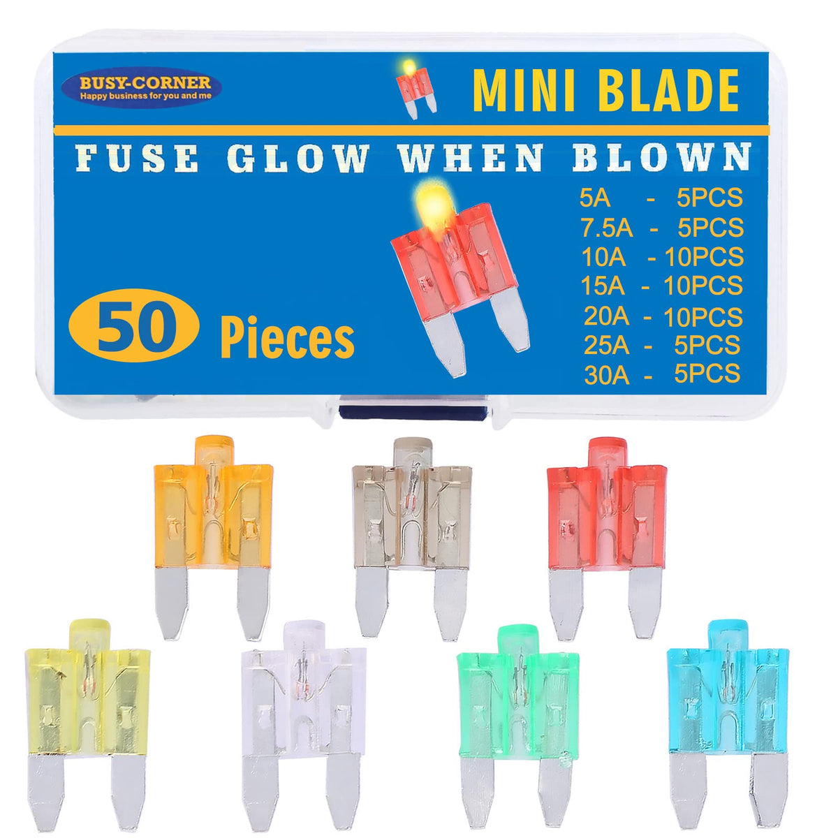 Busy-Corner mini blade fuse glow demo indicates a blown fuse clearly.
