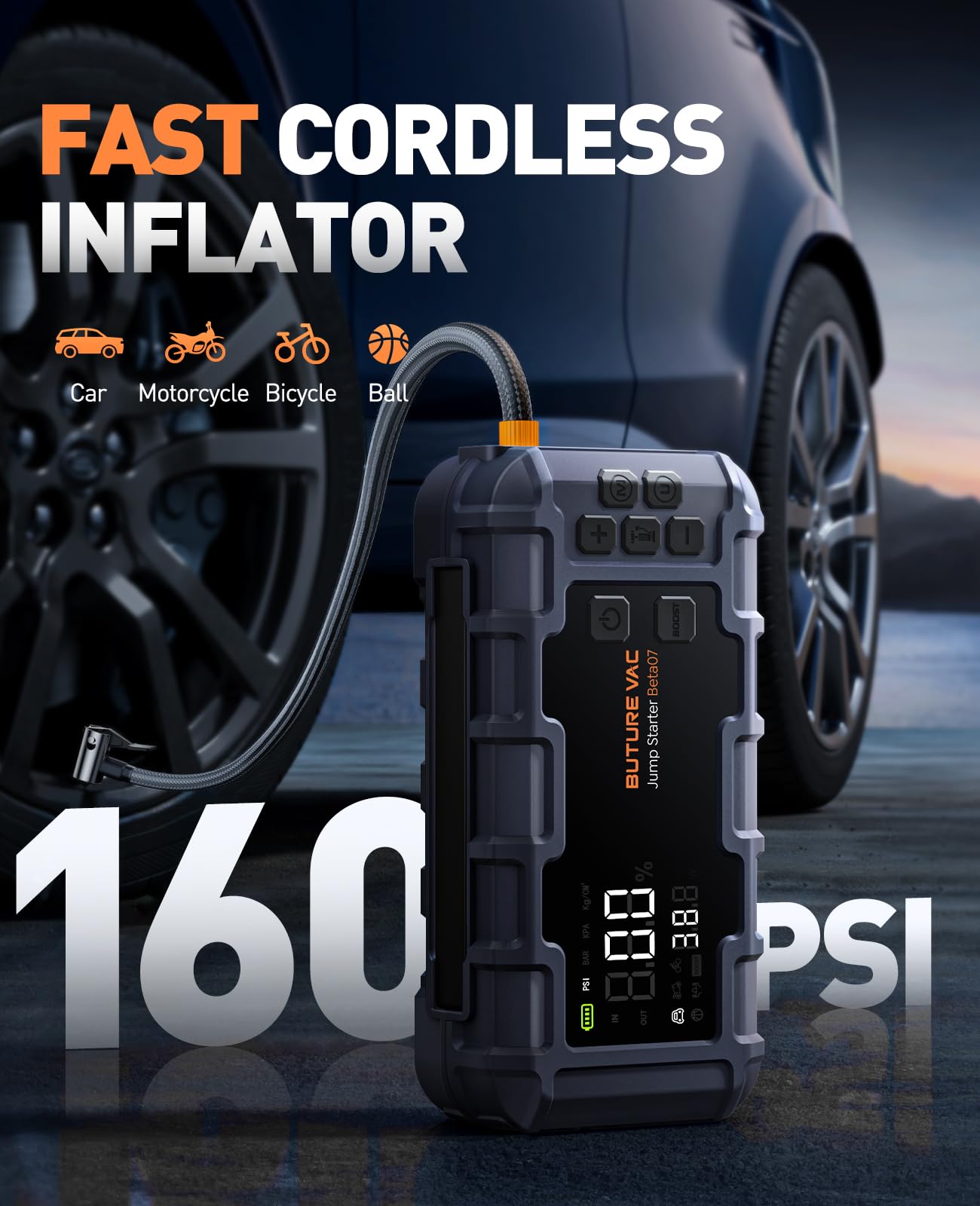 BuTure VAC 160 PSI display aids precise tire pressure monitoring.