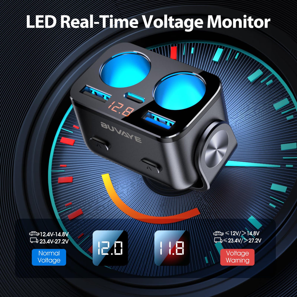 BUVAYE LED display shows real-time voltage readings for vehicle power.