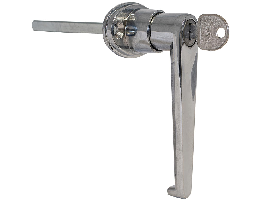 Buyers Products B2394L L-Type locking door handle offers secure, four-position locking and 360° rotation for trailer doors; chrome-plated.