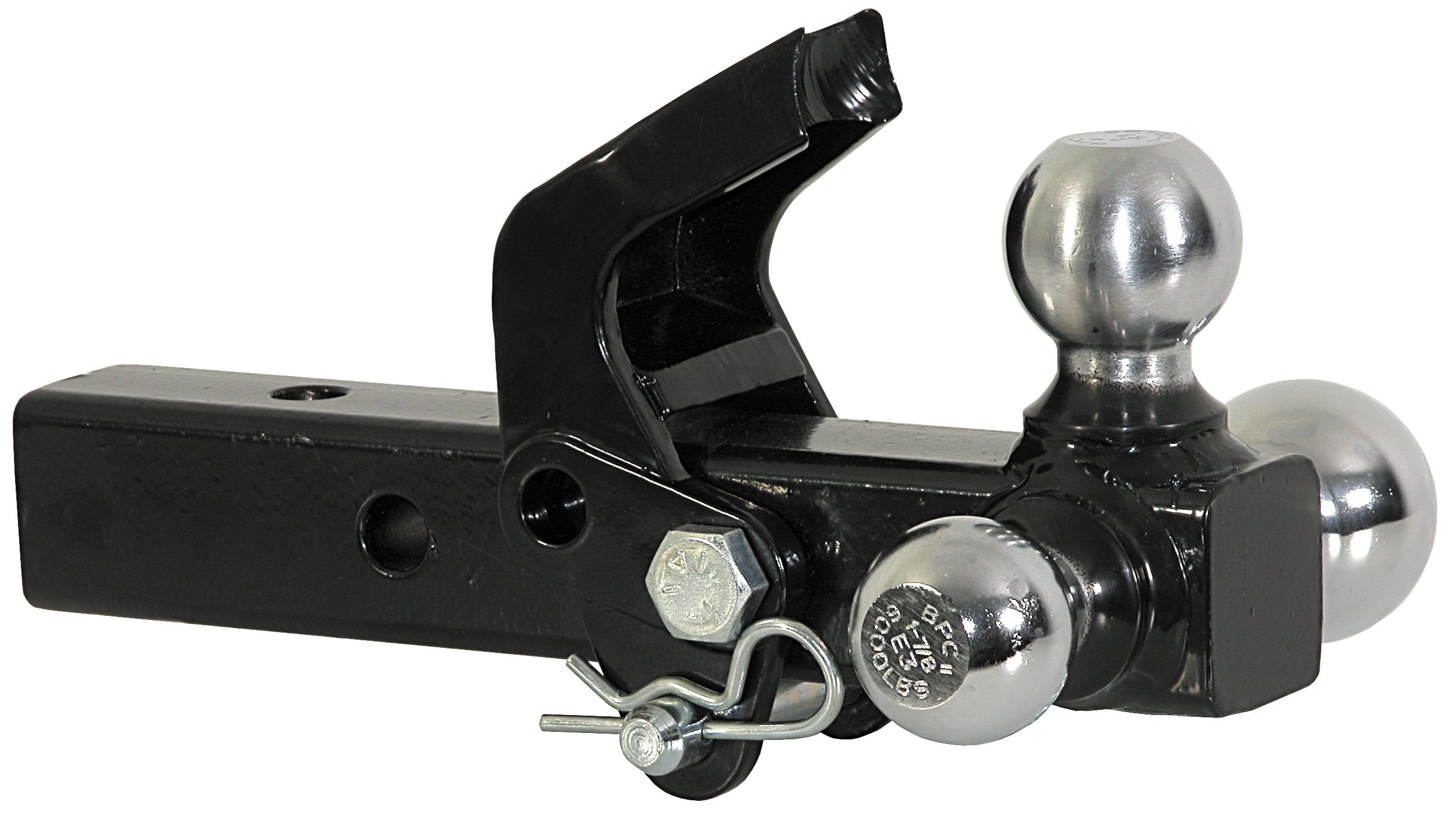 Close-up of 1-7/8 inch ball on Buy ers Products hitch enabling up to 6,000 lb capacity.