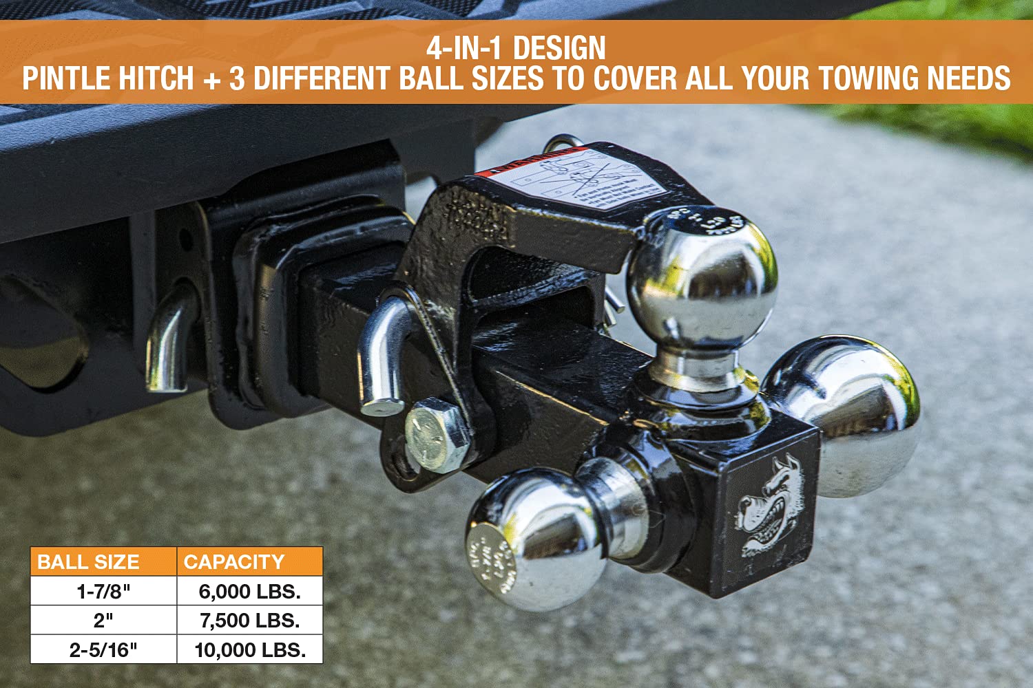 Close-up of 2 inch ball on Buyers Products hitch supporting heavy loads.