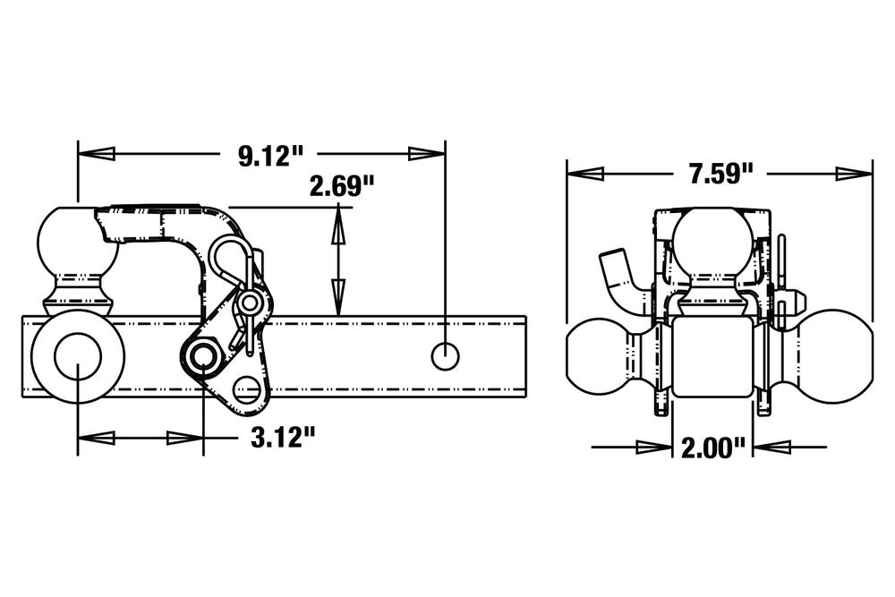 Black powder-coated finish detail on Buyers tri-ball hitch for durability.