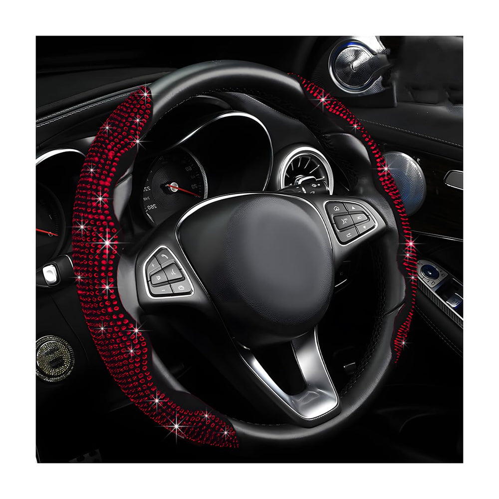 BWBWND crystal rhinestones steering cover in red, front view, adds sparkle to your ride