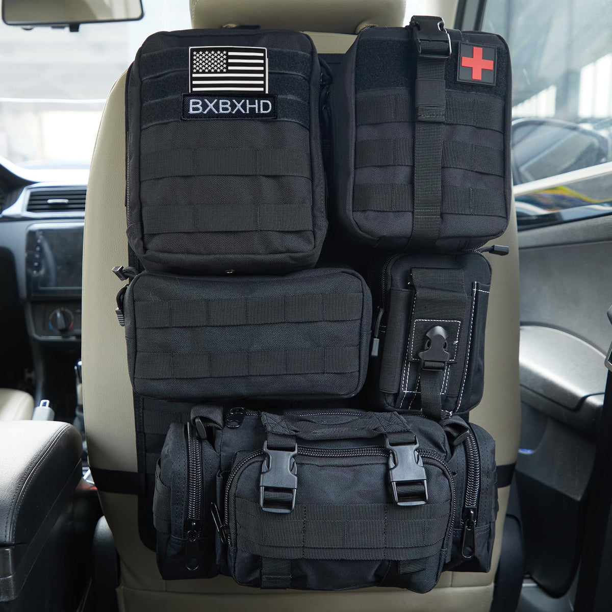 BXBXHD universal tactical seat back organizer with MOLLE panel for accessible tools and gear