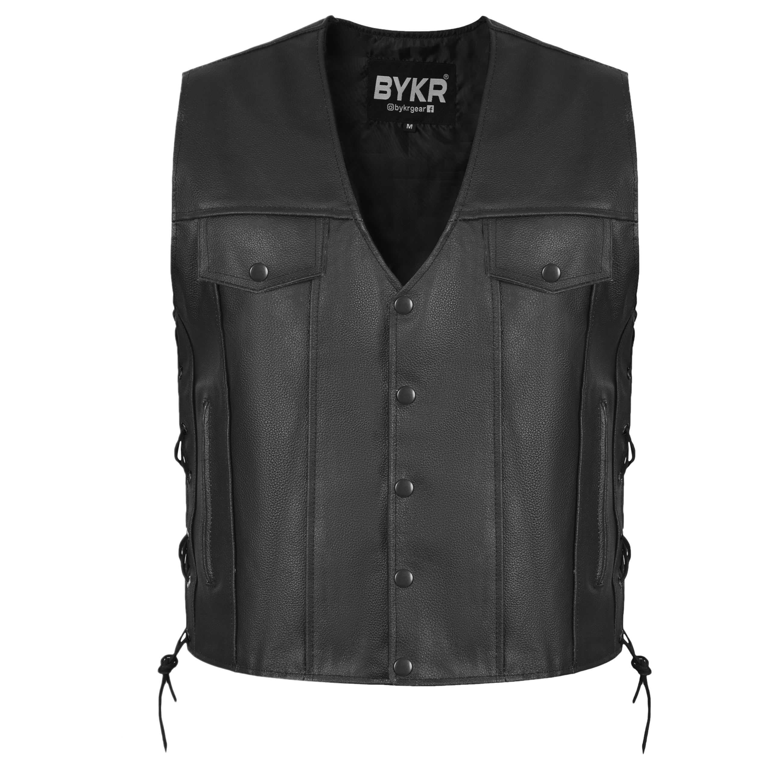 BYKR leather vest front view highlights sleek biker style and durable buffalo leather