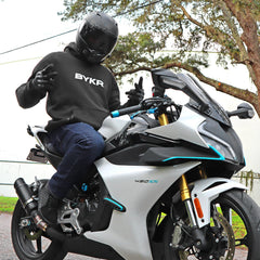 BYKR motorcycle hoodie back view highlighting back armor for added protection.