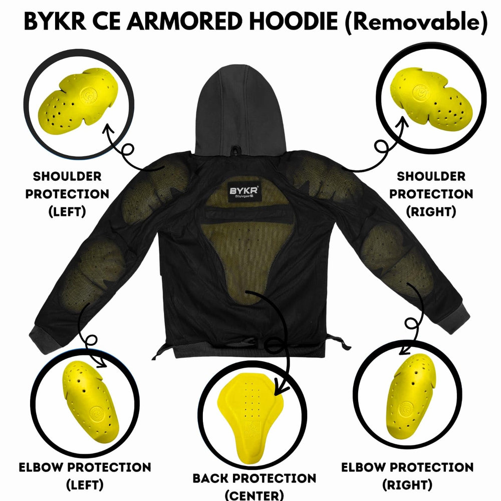 BYKR motorcycle hoodie elastic cuffs illustrate secure, tailored fit during rides.