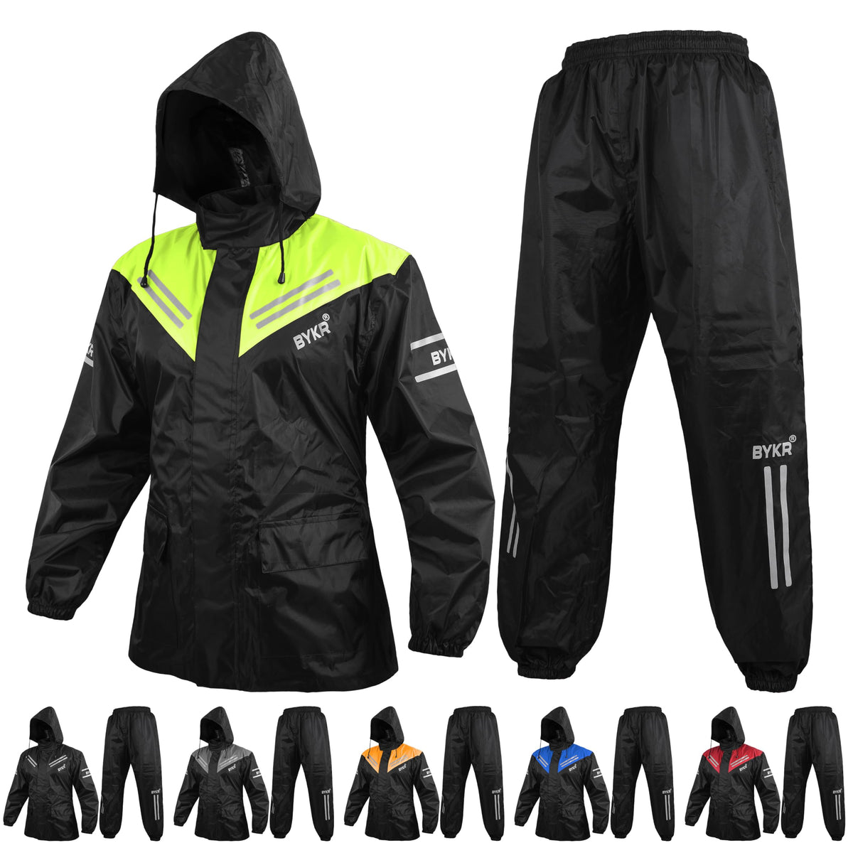 BYKR rain jacket front view with reflective stripes for high visibility