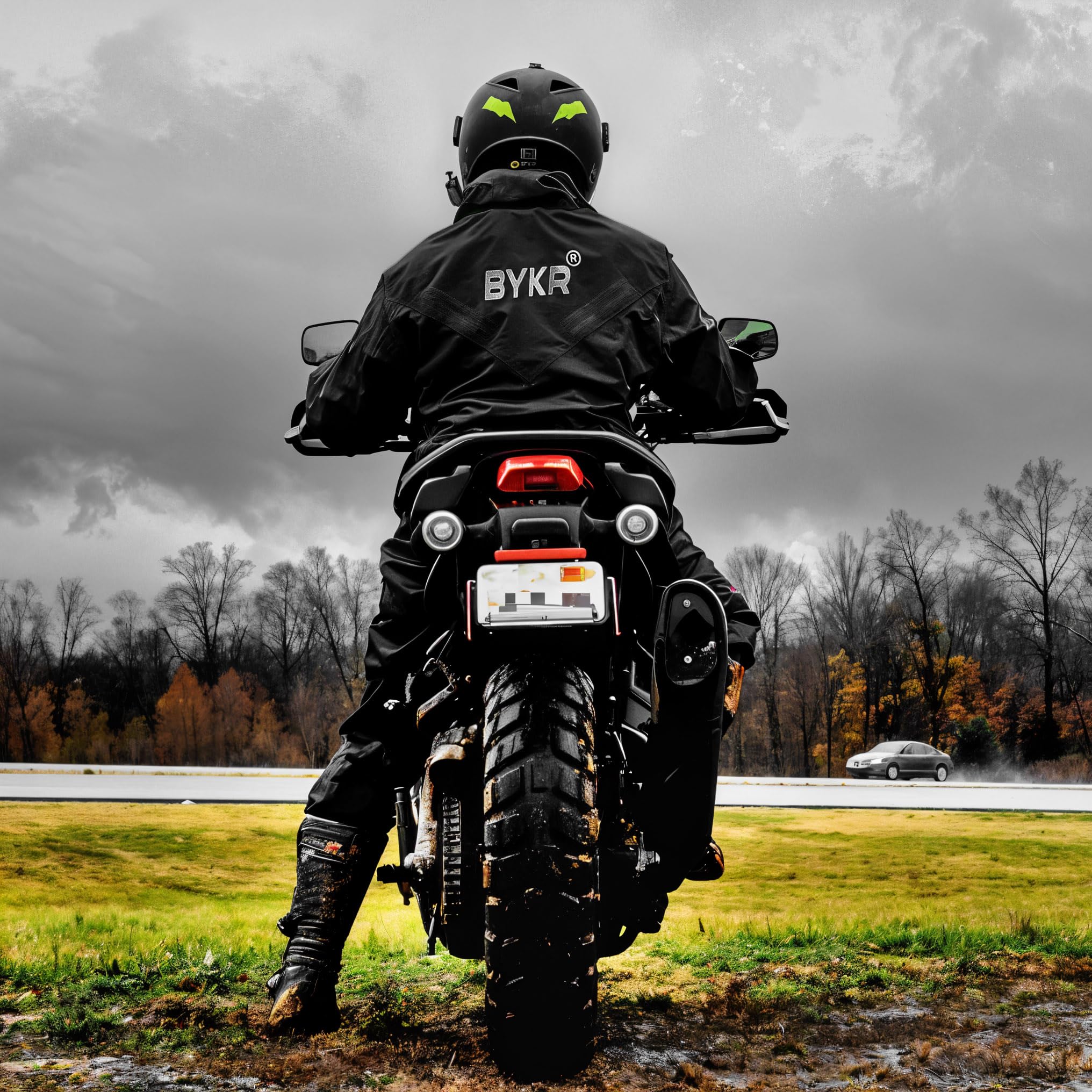 BYKR rain suit packed-ready in its compact two-piece design