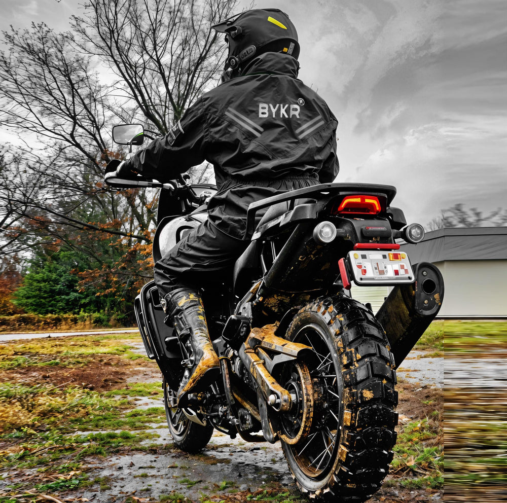 BYKR rain suit reflective stripes visible in low light