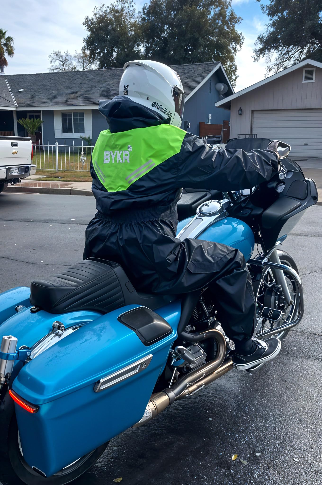 BYKR packable two-piece rainsuit ready for on-the-go use