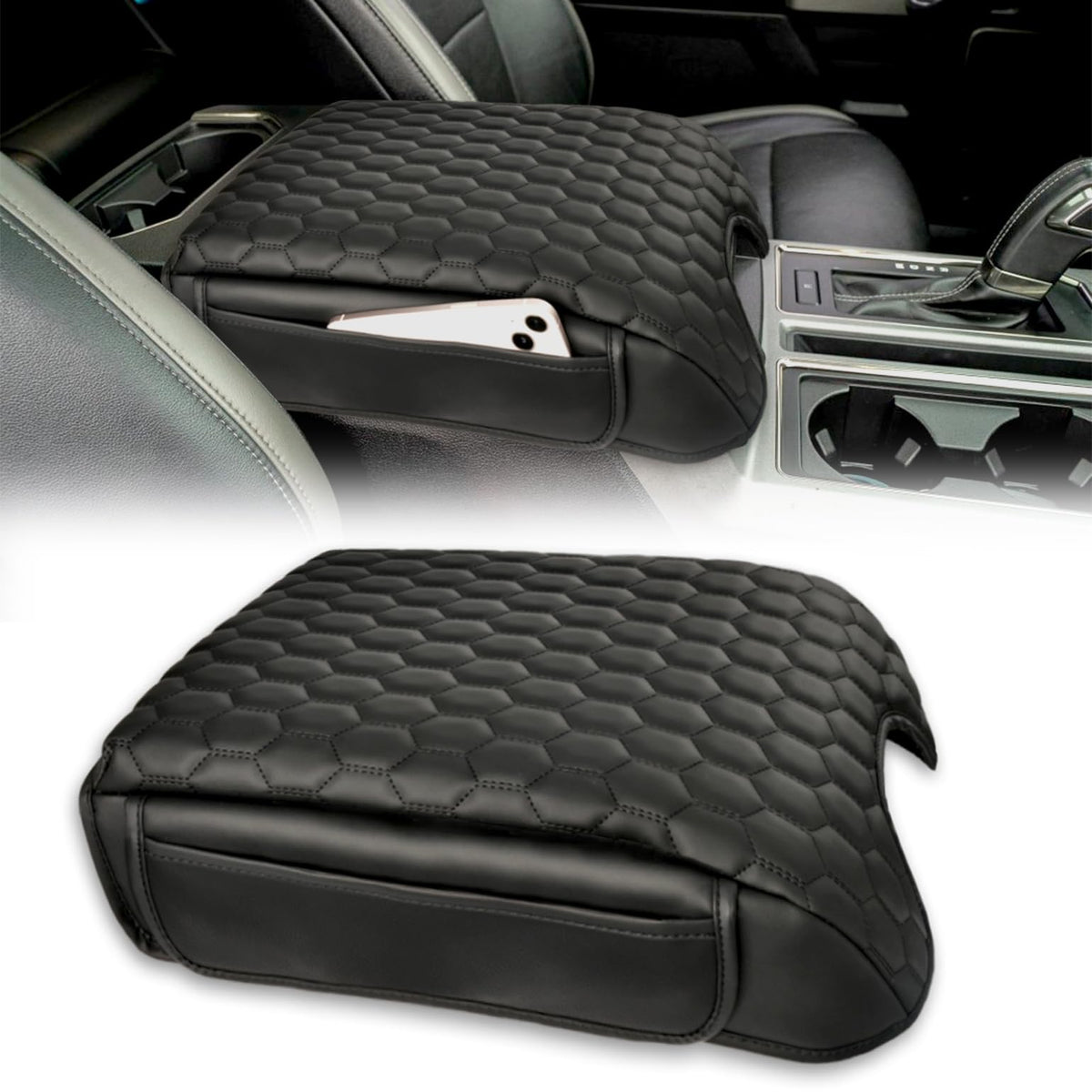 BystralX center console cover for bucket seats fits F-150 and protects the console and adds comfort.