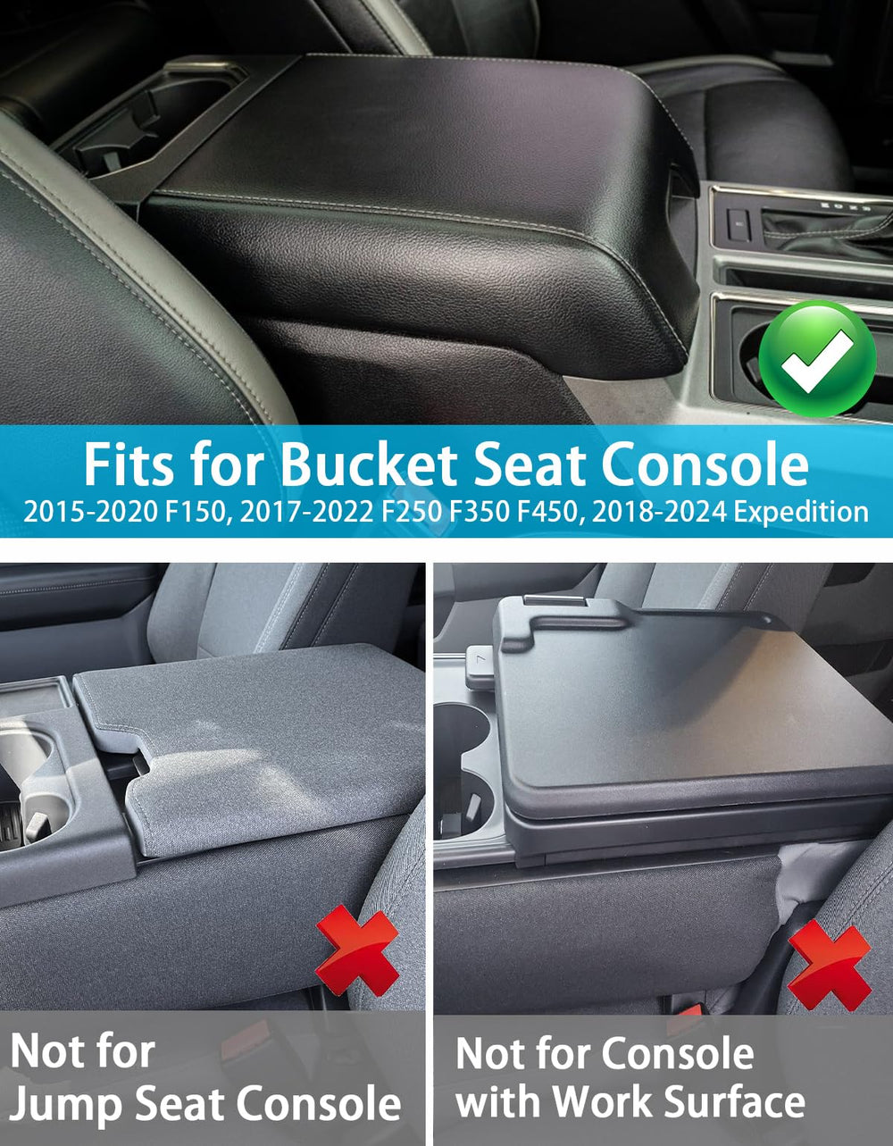 BystralX center console cover for F-250/F-350/F-450 bucket seats shields against wear with scratch-resistant material.