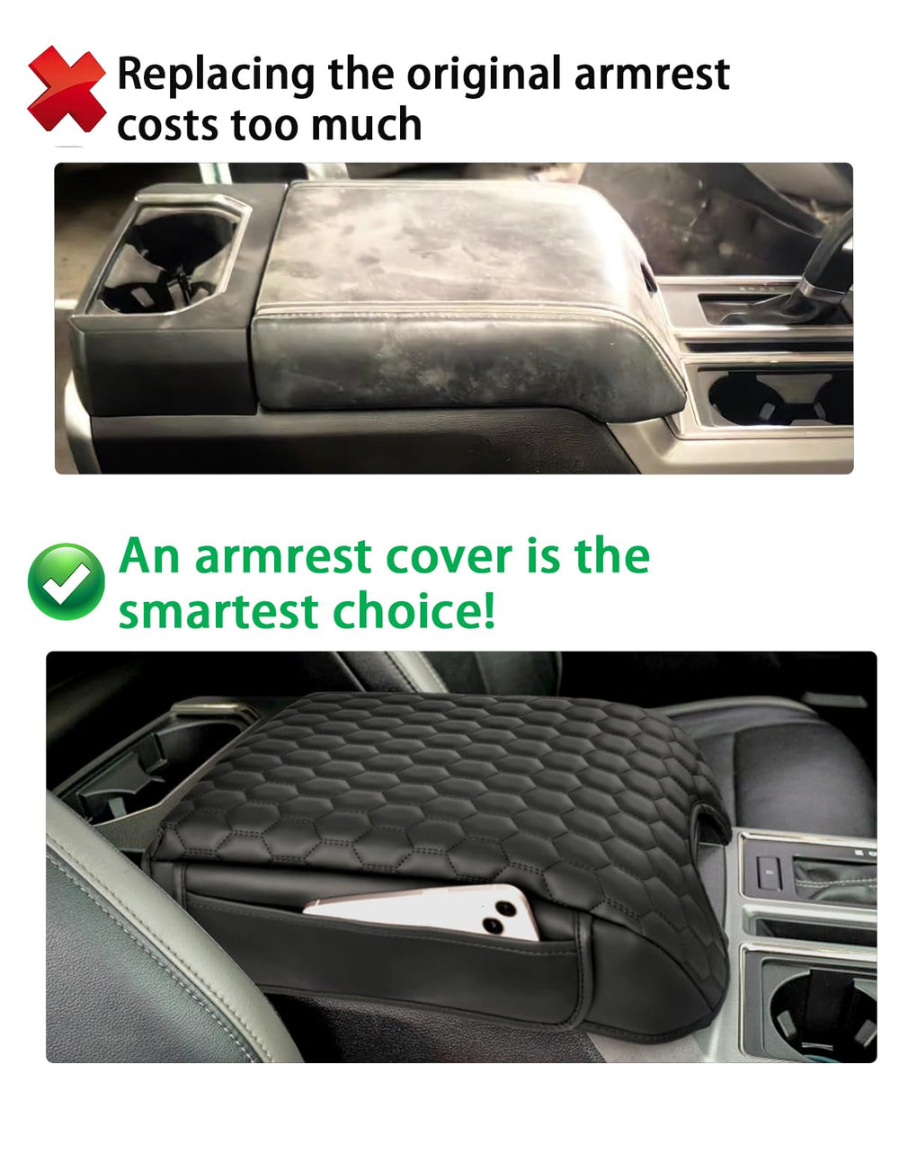 BystralX center console cover in scratch-resistant PU leather protects the lid from scratches.