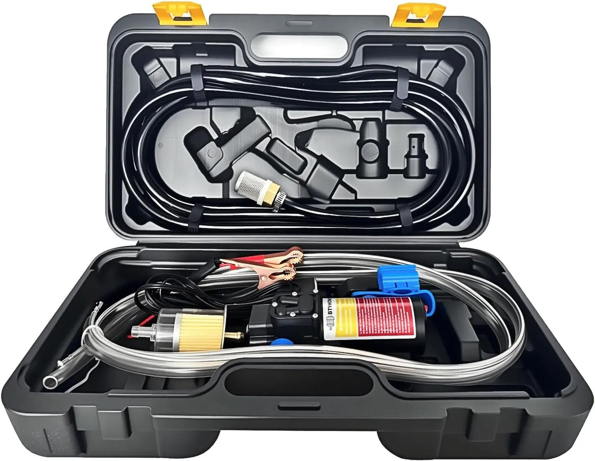 Bythomshelf 12V fuel transfer pump set side view showing fast transfer for vehicles