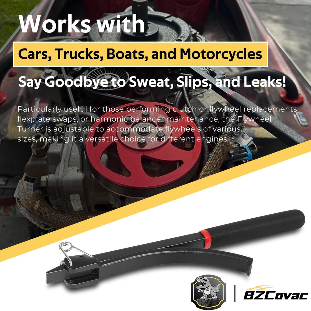Bzcovac flywheel-turner tool stabilizes the flywheel during service tasks.