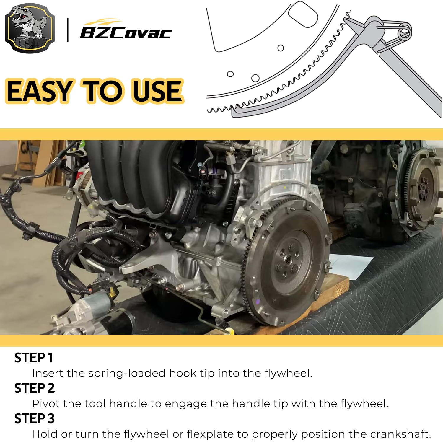 Bzcovac locking-tool holds the flywheel in place during bolt removal.