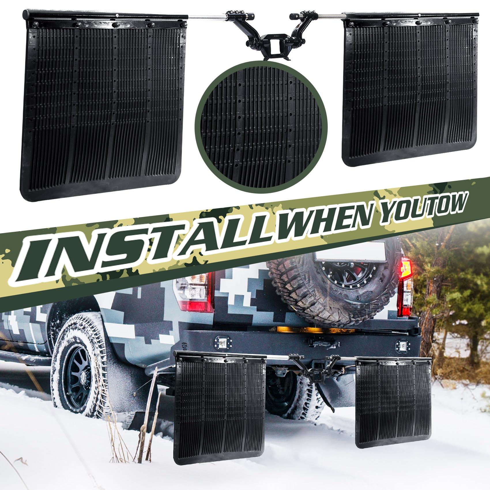 BZVQLO 00108-2 universal 2in-2.5in receiver mud flaps fit most hitch setups.