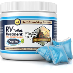 Cabin Obsession RV toilet treatment packets shown in packaging for easy odor control.