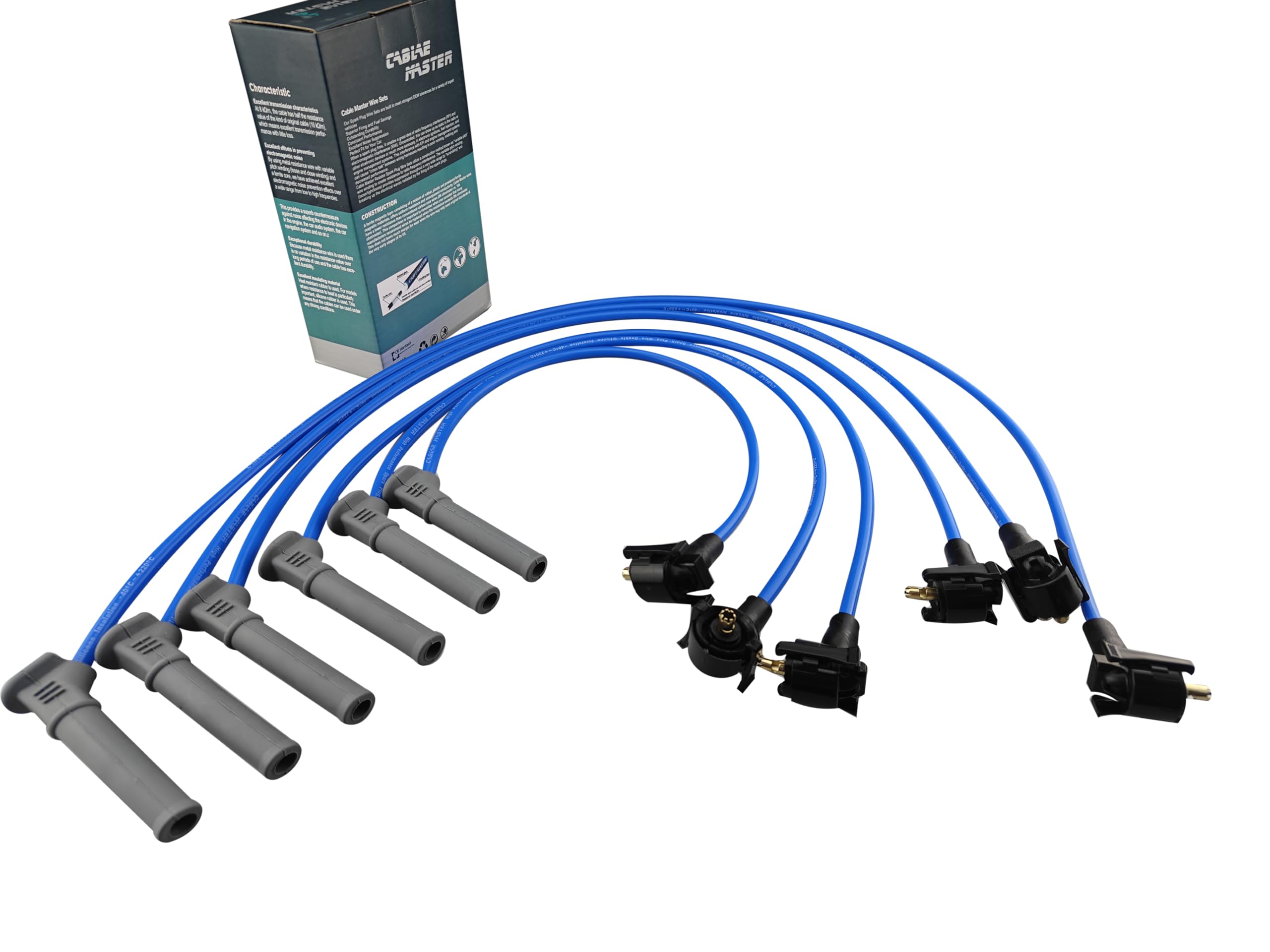 Cable Master 8-2mm racing spark plug wires in blue improve ignition performance and durability.