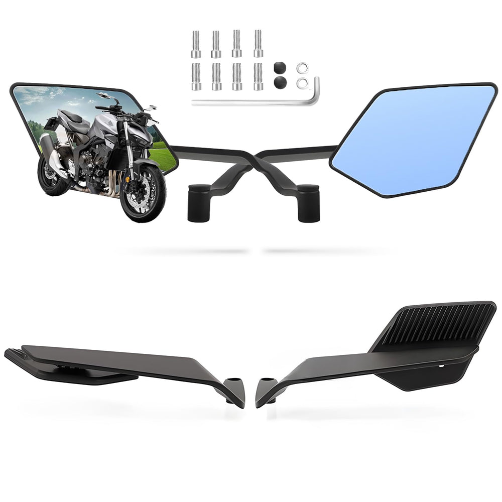 Caboriallan rear view mirror with stealth wind wing in open position for improved visibility.