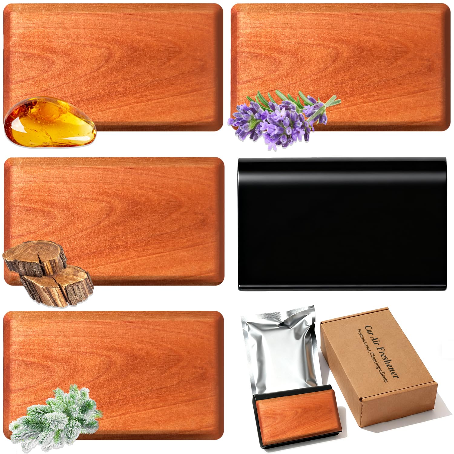 Cacanry starter kit wood block delivering a natural scent for cars.