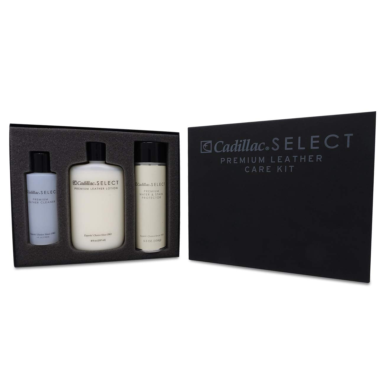Cadillac Select Premium Leather Cleaner bottle demonstrating quick dirt removal on smooth leather.