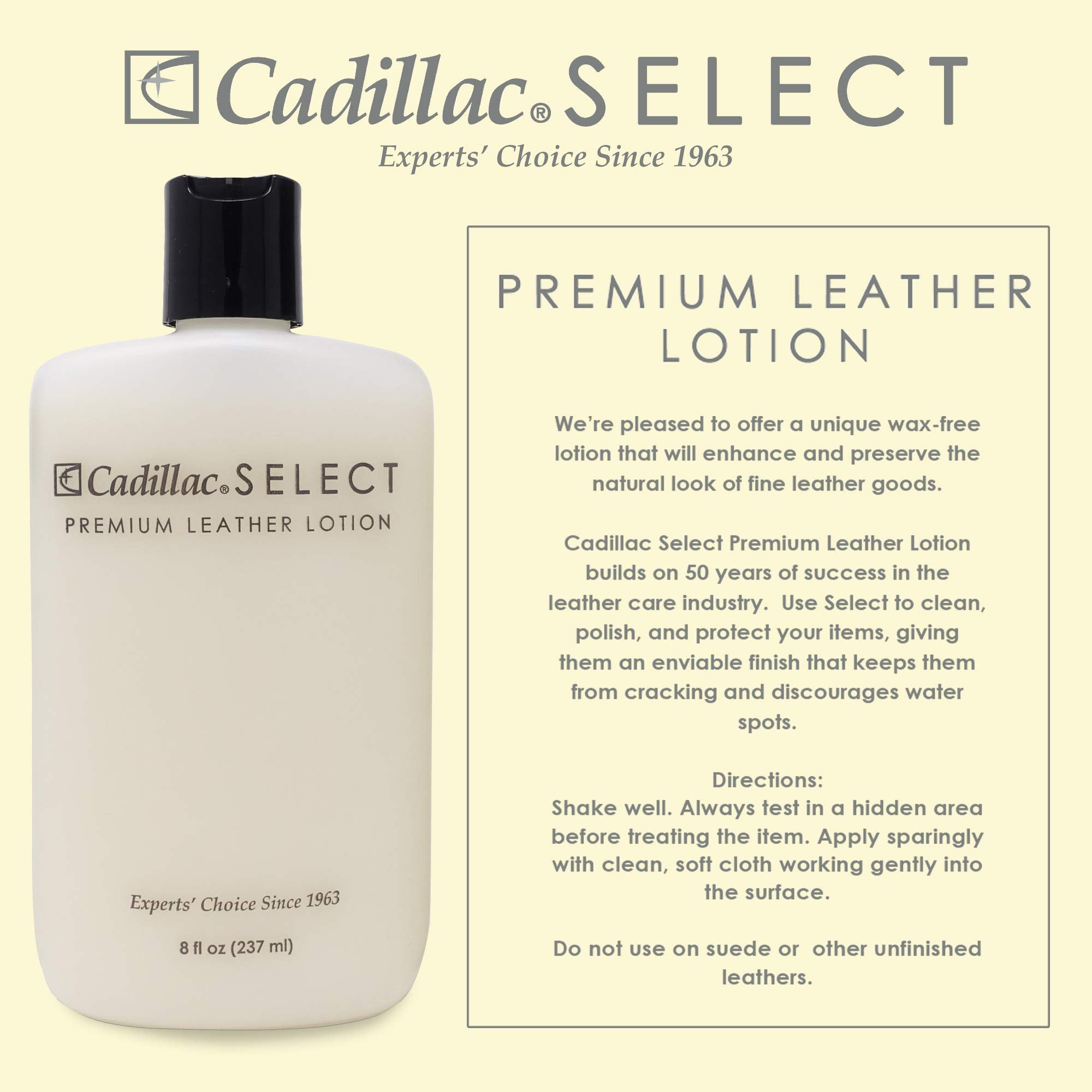 Cadillac Select Premium Leather Lotion bottle providing even conditioning to prevent cracking and water spots.
