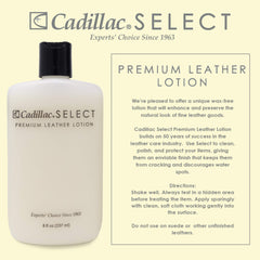 Cadillac Select Premium Leather Lotion bottle providing even conditioning to prevent cracking and water spots.