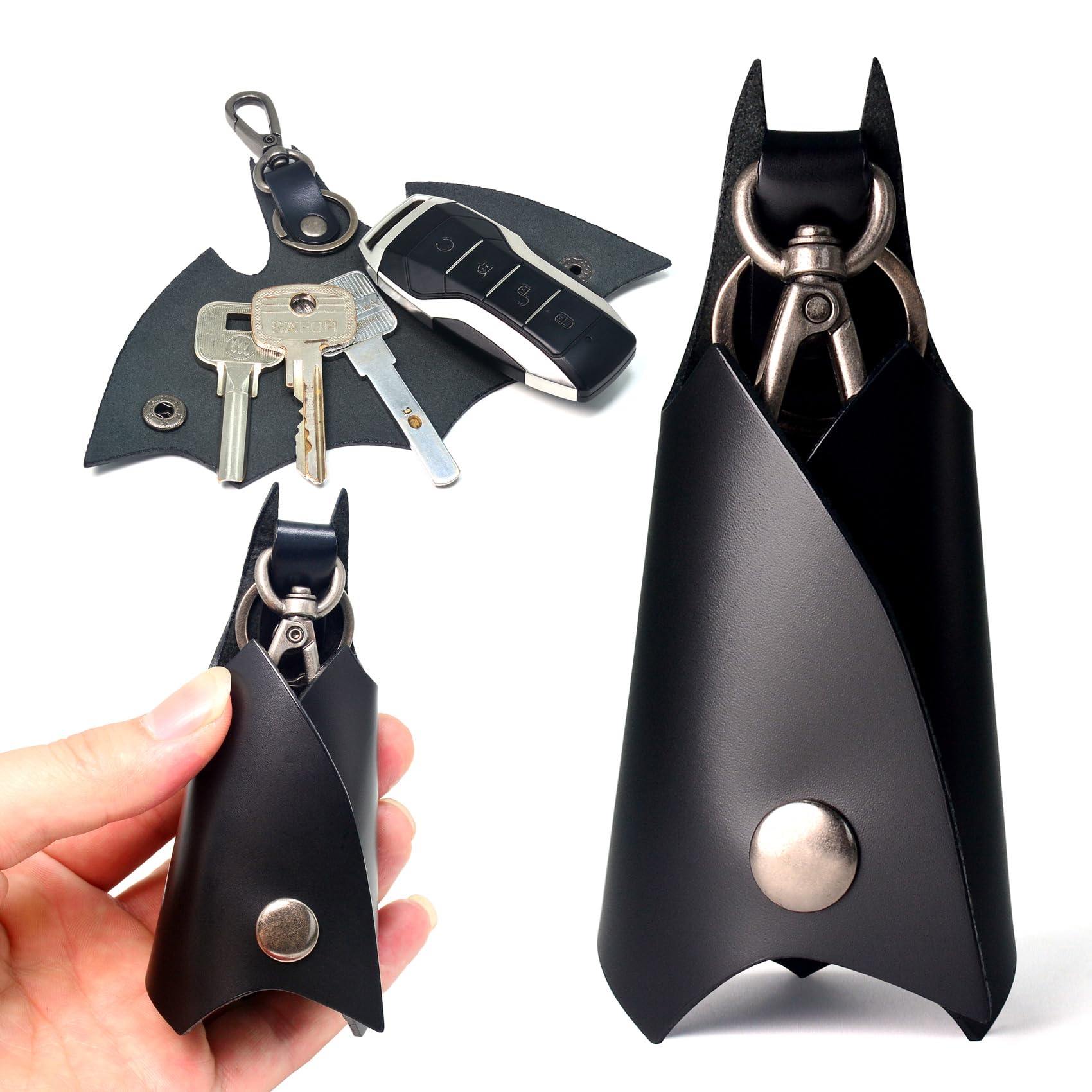 CAILLU Leather Bat Keychain front view, premium leather and durable hardware for everyday carry.