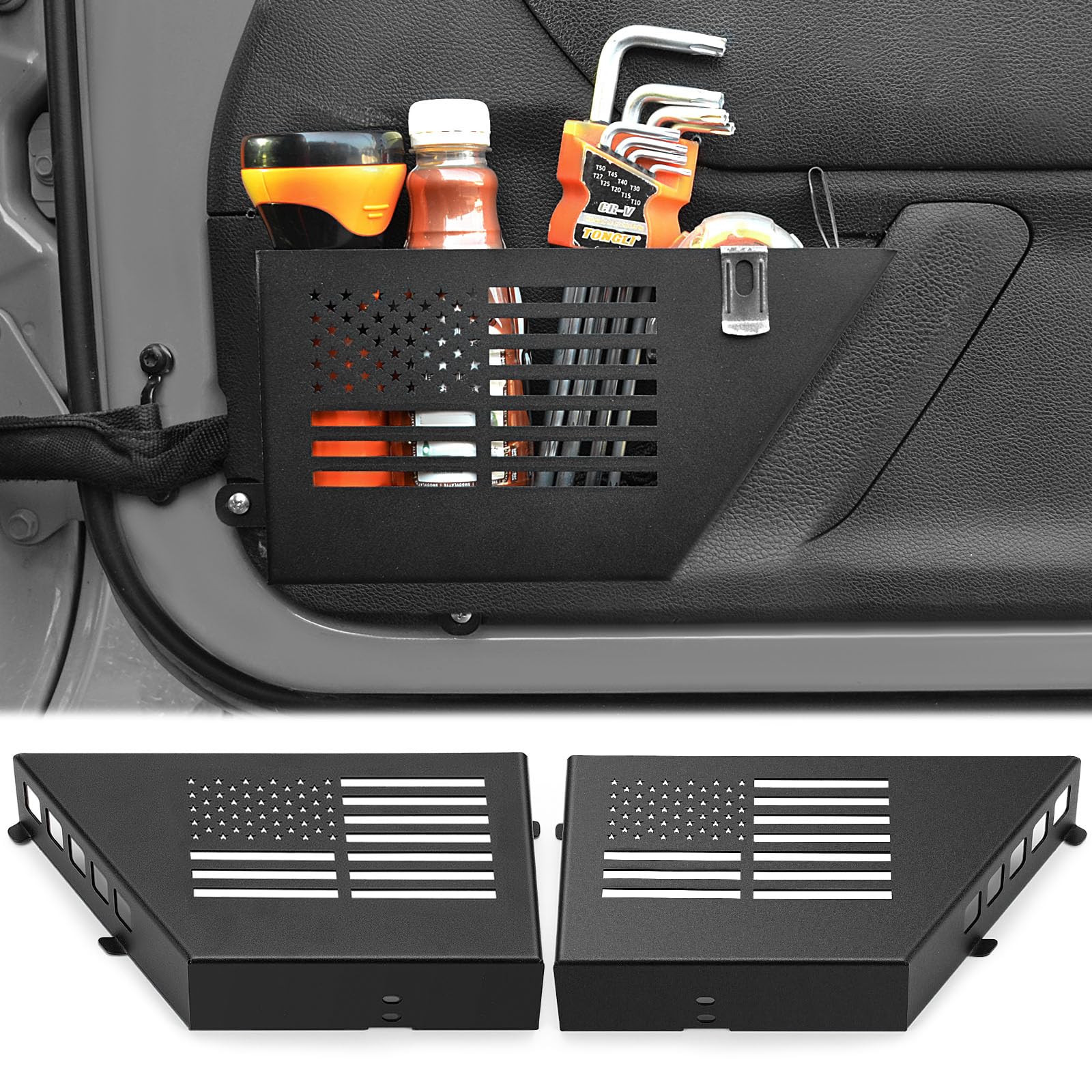 CALBEAU metal front door pocket for Jeep Wrangler keeps essentials neatly stored.