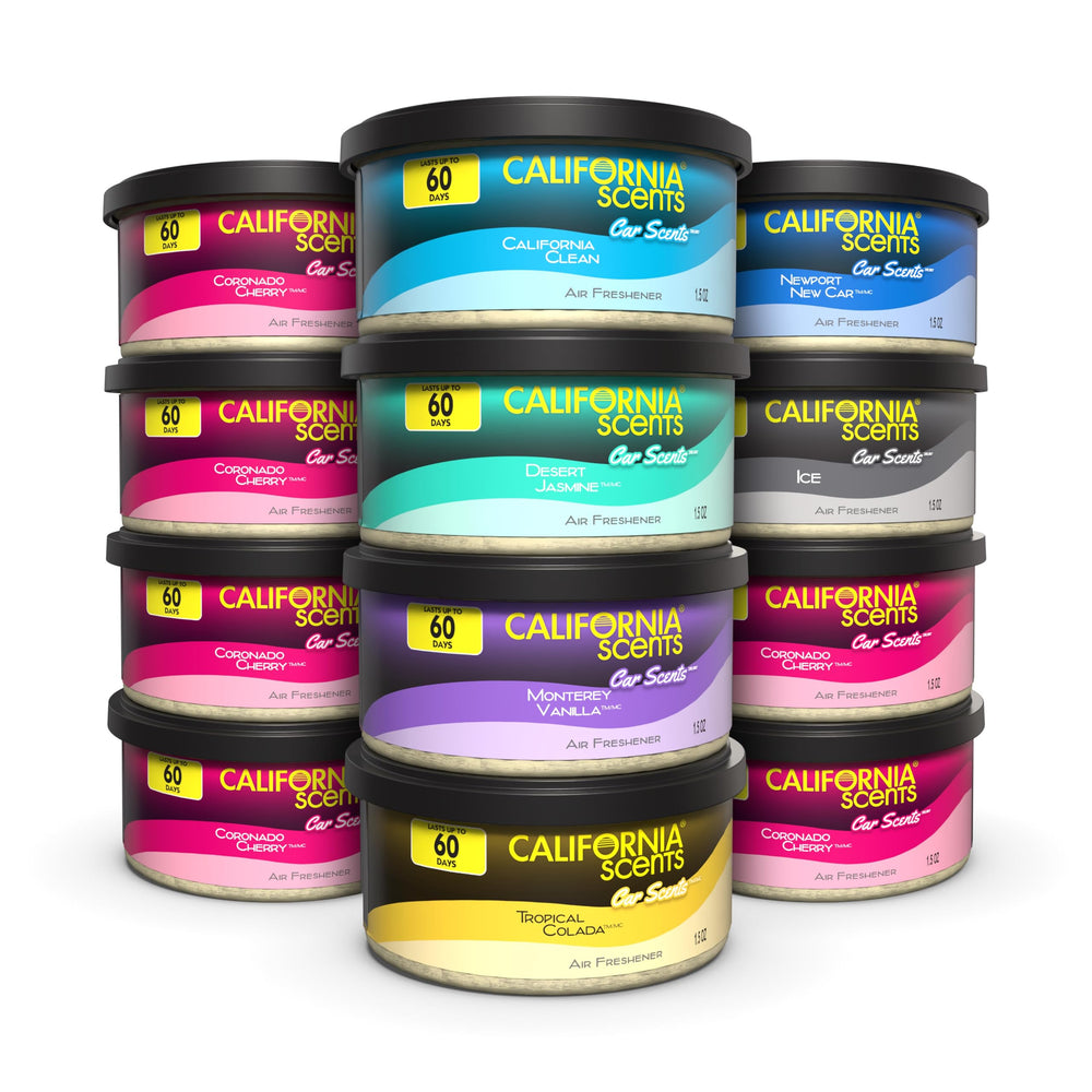 California Scents assorted car cans provide variety in a compact 12-pack for fresh spaces.
