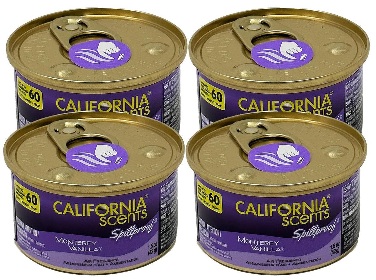 California Scents spillproof air freshener can in Monterey Vanilla for long-lasting fragrance and odor control.