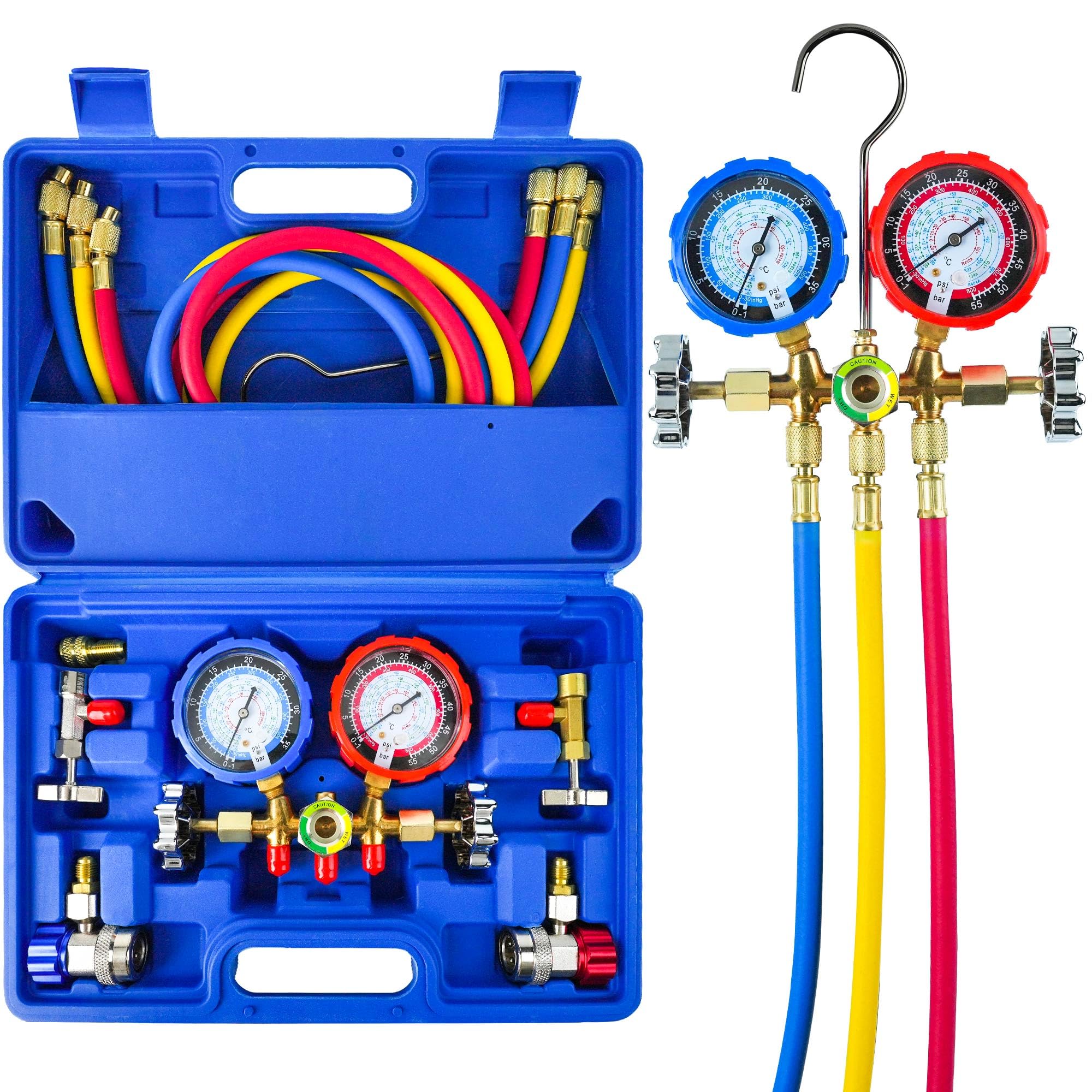 CALPOSE 3-way AC gauge kit showing real-time pressure readings