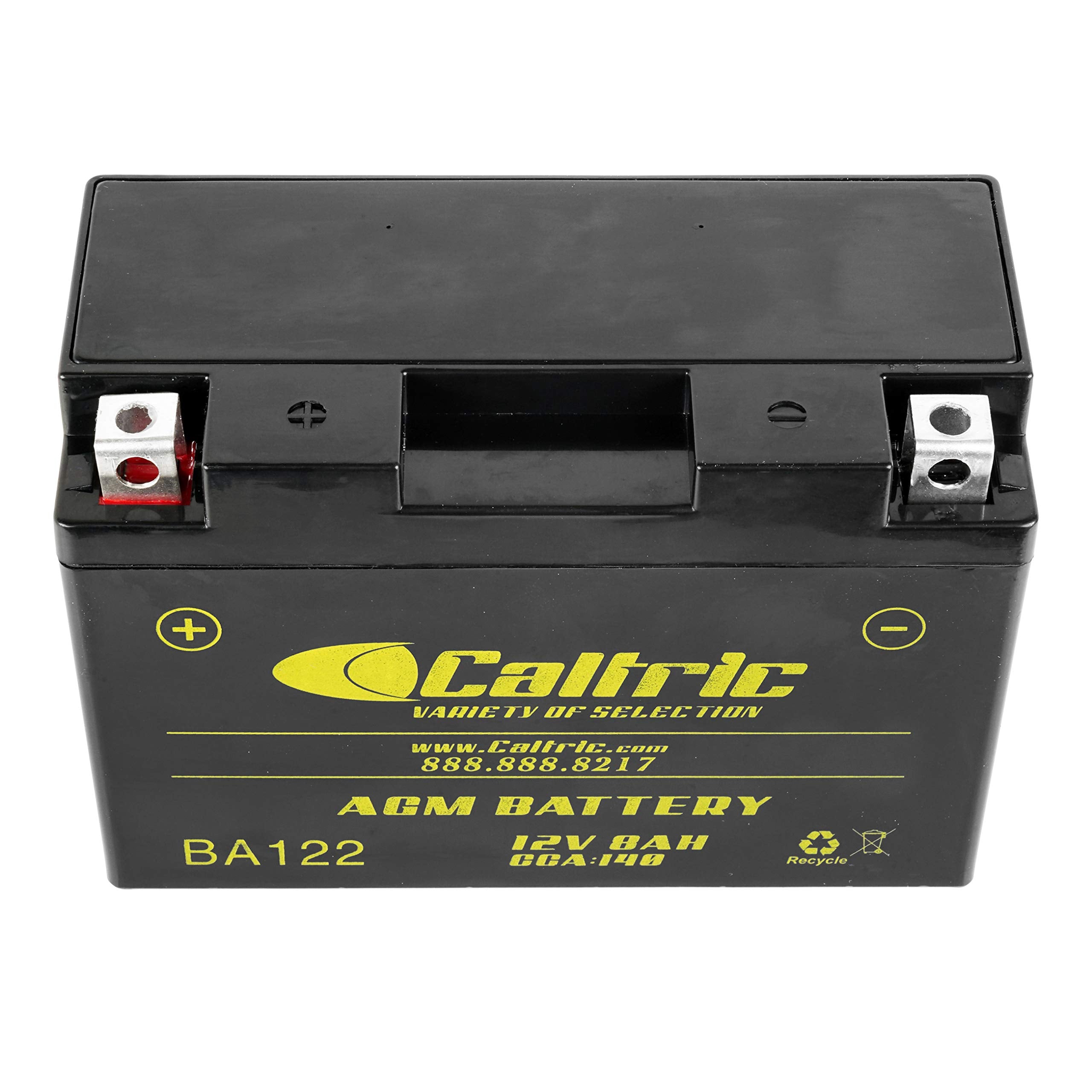Caltric 12V 8Ah AGM battery delivering strong cold-cranking for ATVs.