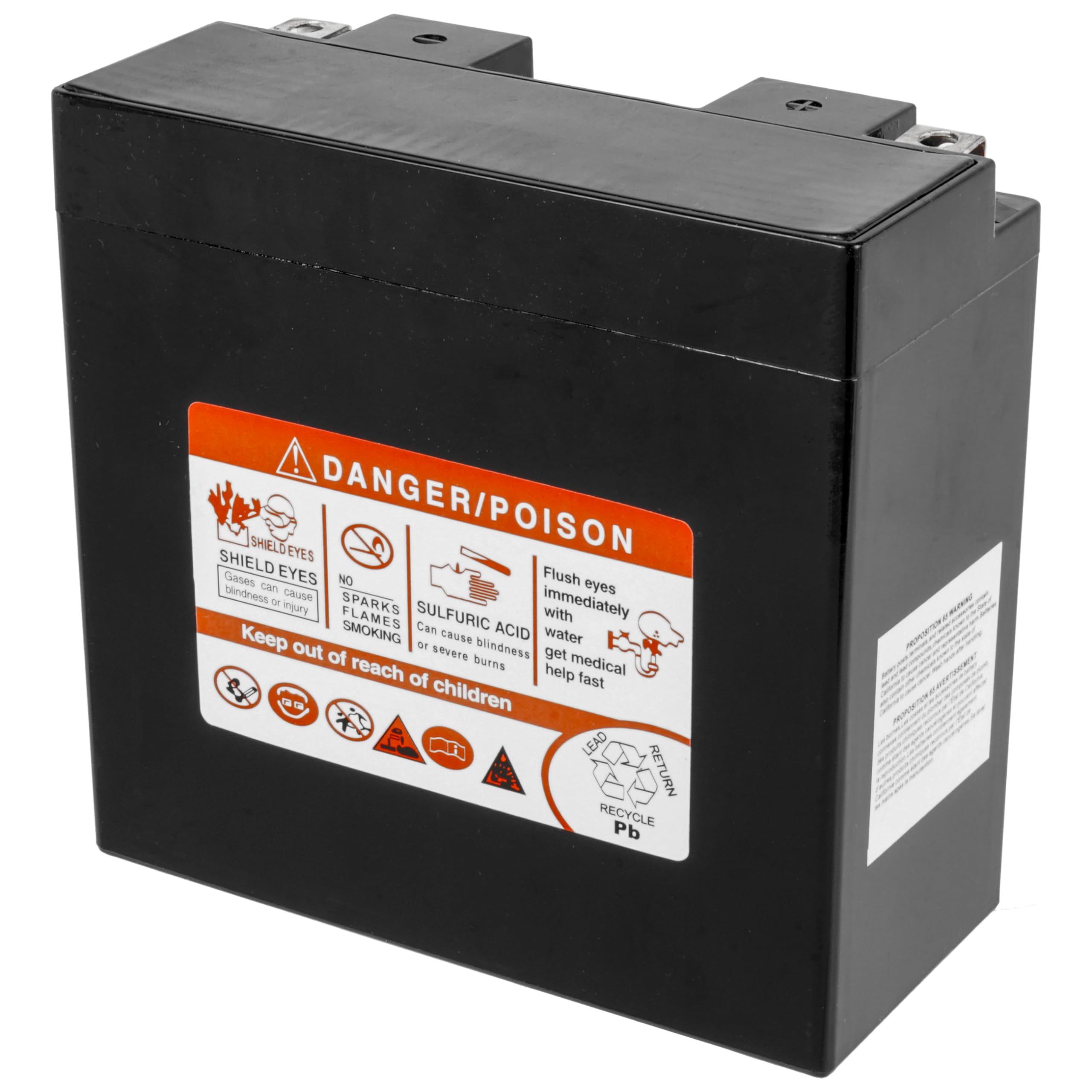 Caltric AGM battery label closeup emphasizes product origin and maintenance-free design.