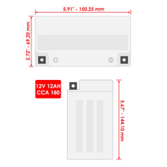 Caltric AGM battery side view highlights sturdy casing for motorcycle reliability.