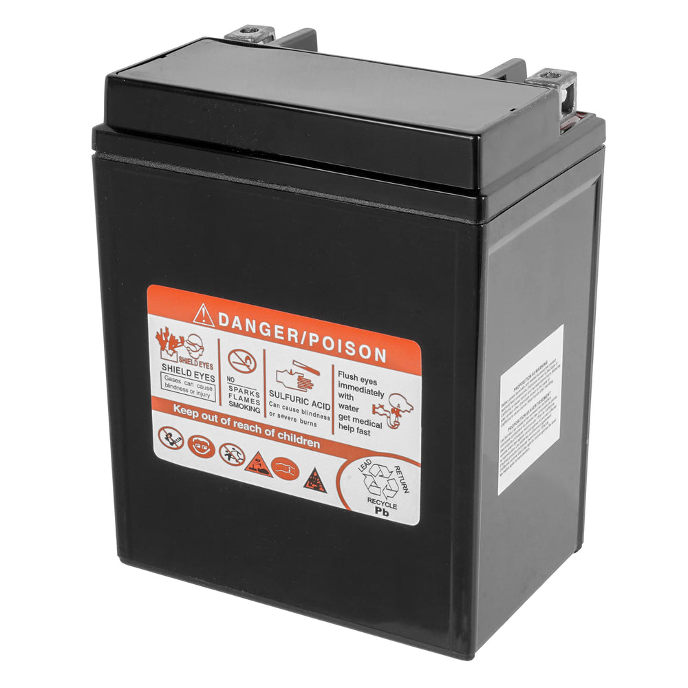 Caltric AGM battery YTX14AH-BS label shows compatibility and maintenance-free design.