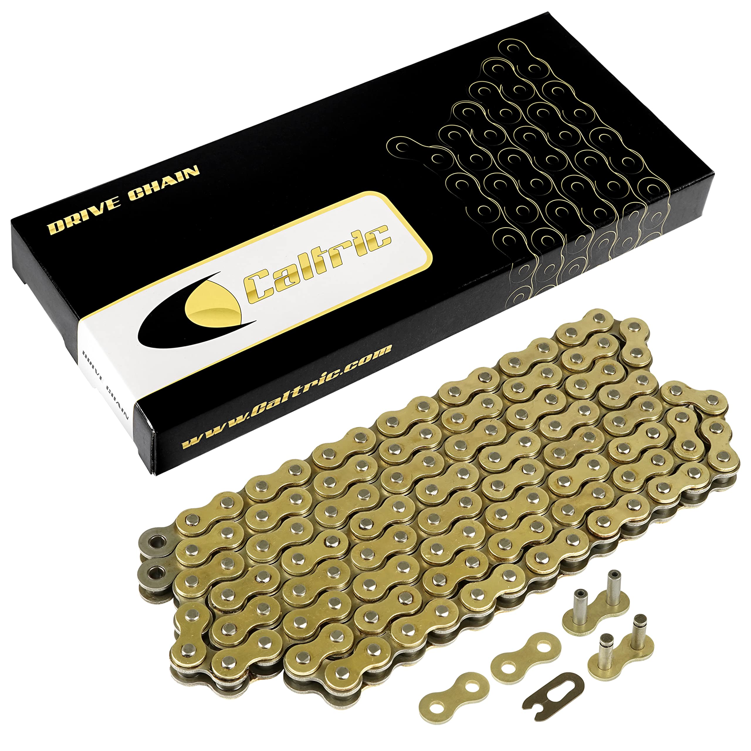 Caltric Golden 530-Pitch drive chain close-up with rivet master link for strength.